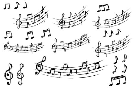 Music note. Simple sound sheet drawing. Black and white doodle melody tone and music key set. Musical sketch design collection. Creative retro musical songのイラスト素材