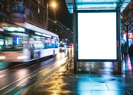 Mockup billboard. Empty street poster. Night Advertisement background. Mock template, white frame. Blank city bannerの写真素材