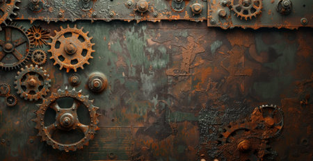 Steampunk gears background. Grunge cogwheel detail texture. Vintage rusty cog background. Retro industrial mechanism. Abstract clockwork pattern. Mechanical wheel with copyspaceの素材