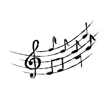 Music note. Black and white doodle melody tone and music key. Musical sketch design. Creative retro musical song. Simple sound sheet drawingのイラスト素材