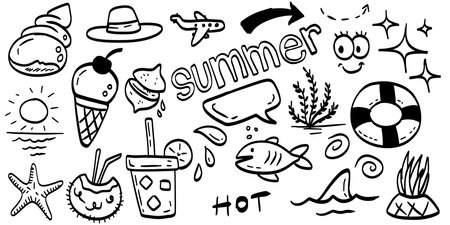 Summer travel sketch. Drawing doodle beach element. Collection of outline summertime graphic. Ice cream, shell, sun and pineapple stroke ink. Holiday tourism setのイラスト素材