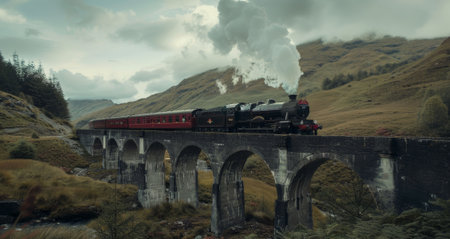 Train on mountain bridge. Rail on nature landscape. Railway transportation in viaduct. Outdoor architecture railroad. Tourism journey. Panoramic landmarkの素材