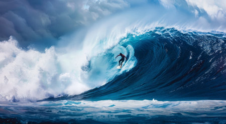 Surfer on wave. Surfboard in water storm. Surfing man on board in tsunami. Extreme sport and travel. Blue tropical ocean or sea splash. Surfboarding relaxの素材
