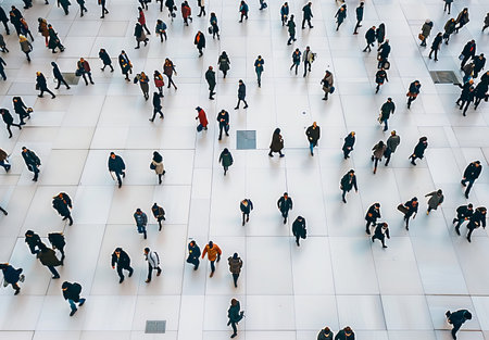 Crowd tow view. People in motion. Group of pedestrian man walk. Business person in city downtown. Modern urban landscape. Social connection, global networkの素材