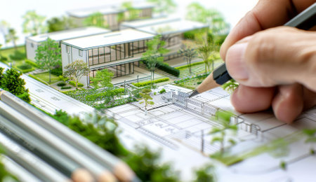 Home drafting. Architect idea of house. Blueprint apartment building design. Rental building construction. Engineer hand with pen drawing architecture planの素材