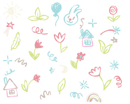 Cute kid doodle. Childish marker element collection. Scribble stroke pastel graphic. Crayon or paint sketchのイラスト素材