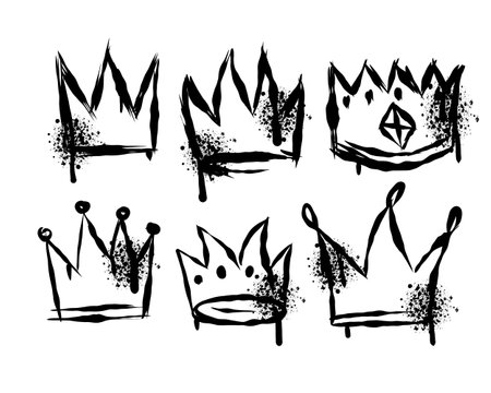 Crown graffiti. Dirty grunge spray brush. Black paint tag. Airbrush king stain symbolのイラスト素材