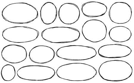 Border frame doodle drawing. Black circle line marker scratch element. Set of pencil drawn grunge illustration. Scribble oval brush sketchのイラスト素材