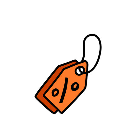 Cardboard label with rope with percentage sign. Empty template for cardboard tag. Hand-drawn store discount. Cartoon outline illustrationのイラスト素材