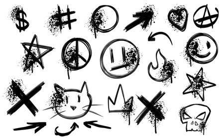 Graffiti art, urban spray doodle sticker. Black crown, arrow, heart paint graphic. Grunge abstract line brush drawingのイラスト素材