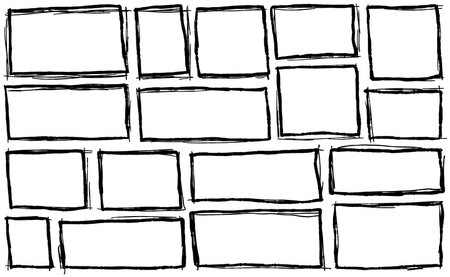 Border frame. Black dirty scribble square collection. Simple scratch brush empty doodle. Freehand grungy rectangle. Outline sketch drawn lineのイラスト素材
