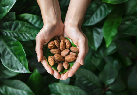 Almond in hand. Organic bean ingredient. Closeup pile of vegetarian food. Vegan raw protein fruit. Man holding fresh nutの素材
