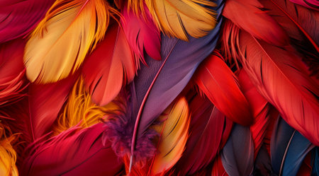 Red feather. Pigeon bird plumage. Beautiful fluffy wing softness pattern. Abstract tropical decorationの素材