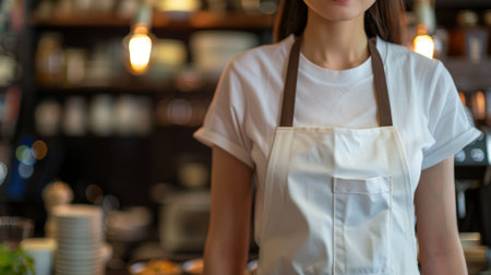 Woman in empty apron. Kitchen or restaurant worker with copyspace apron. Copy space in white uniform. Waiter wearing black mockup wear for brand or labelの素材