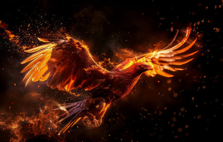 Phoenix in flame. Fantasy fenix with fiery wing. Flaming bird on black background. Strong burning eagle or hawkの素材