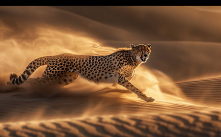 Cheetah running in the desert, its speed and power in a cloud of dust. Ideal for wildlife photography and African nature themes.の素材