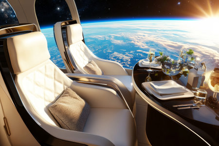 Luxurious spacecraft for space tourism, the view of Earth from orbit. The vibrant, futuristic scene captures the excitement of exploration and adventure.の素材