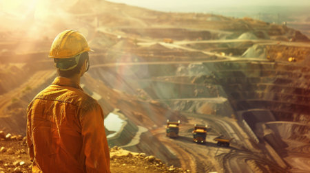 Mining worker in yellow helmet and colored shirt views open-pit mine with trucks, daily work scene.の素材