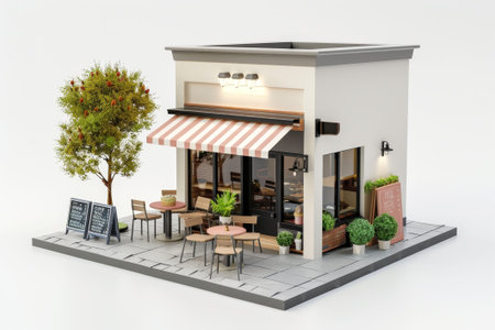 Cute, simple 3D miniature outdoor cafe model, white background. Charming design fits playful art style.の素材