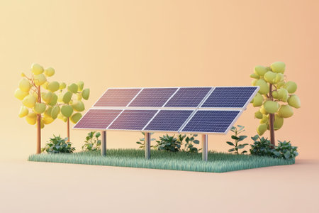 3D cartoon solar power plant with rows of panels, minimalist style, vibrant renewable energy design.の素材