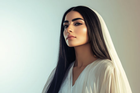Long-haired Middle Eastern woman in white gown, gradient background, poised and stylish design.の素材