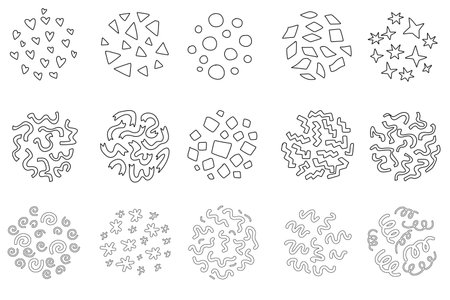 Doodle confetti shapes set for festive design. Abstract elements drawn by hand for party decor, backgrounds, or celebration themes.のイラスト素材