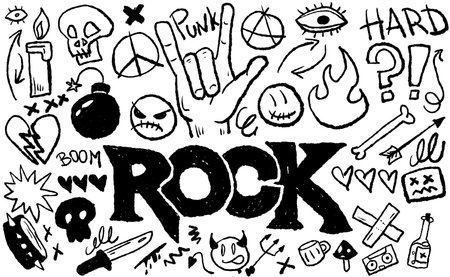 Rock punk doodle sketch with grunge style. Hand-drawn musical symbols, skulls, and expressive elements.のイラスト素材