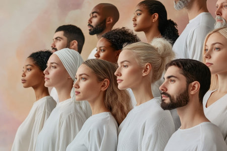 Diverse group in white clothing, abstract soft-colored background, varied races and hair styles.の素材