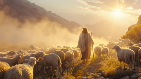 Jesus Christ surrounded by a flock of sheep, illustrating a biblical and religious scene. Ideal for themes of faith, Christianity, and spiritual symbolism.の素材