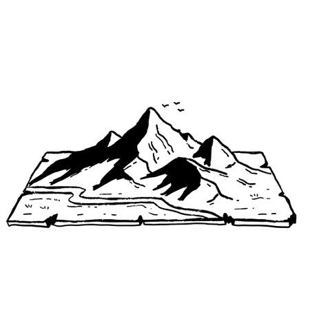 Mountains, map, graphic ink-style mountain peaks drawn on a torn map edge. Symbolic design for exploration and nature lovers.のイラスト素材