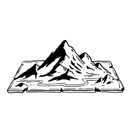 Mountains, map, bold black and white ink sketch of a mountain range integrated into a map. Great for travel or expedition artwork.のイラスト素材