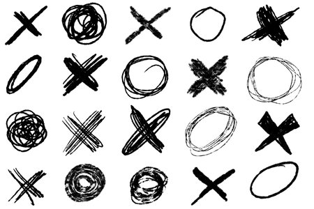 Hand drawn X and O symbols in grunge doodle style. Rough ink texture, black sketch set on white background.のイラスト素材