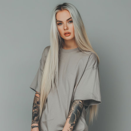 Female blond in oversized T-shirt with tattoo on gray backdrop. Woman fashion mockup of casual beauty and modern style for creative showcases.の素材