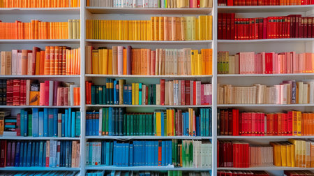 Stylish bookshelf with books, wooden library furniture, colorful cozy home interior, soft warm light.の素材