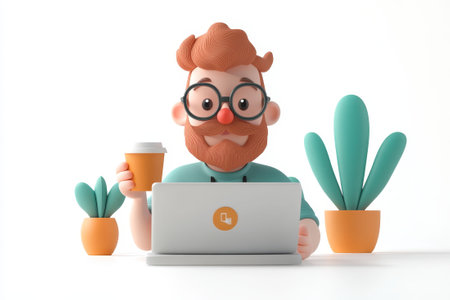 3D cartoon relaxed freelancer with coffee, working on laptop, white backdrop, sleek vibrant style.の素材