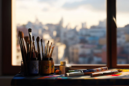 Palette and paints resting on a windowsill, framed by a cityscape in the background. Perfect for themes of creativity, urban art, and the expression of artistic hobbies.の素材