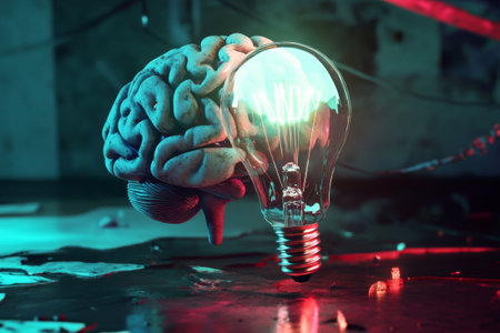 Surreal brain, glowing light bulb inside, AI concept, consciousness, neural connections, vibrant scene, dynamic design.の素材