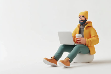 3D cartoon freelancer sipping coffee, working on laptop, clean white backdrop, colorful minimalist vibe.の素材