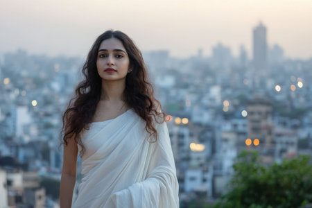 Young Indian woman with long wavy hair in white saree, blurred cityscape, elegant serene scene.の素材