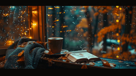 Autumn cozy scene, coffee, book, blanket on sill, trees in rain, warm lights backdrop.の素材