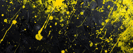 Abstract neon yellow, black background, paint splashes, bold design. Vibrant style adds dynamic art appeal.の素材