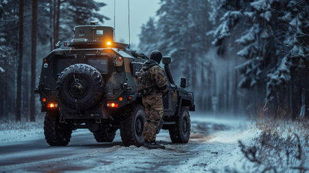 Armored vehicle with night vision, open door on winter road. Special forces soldier in camo, balaclava stands by forest at dusk.の素材