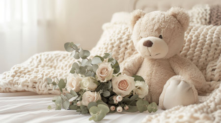 Teddy bear sits on bed with roses, eucalyptus bouquet. Cozy design radiates sweet charm.の素材