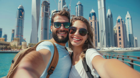 Happy couple selfie, backpacks, Dubai skyline, Arabian palace, joyful shot. Art captures travel charm.の素材