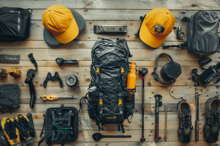Top view logger backpack, equipment on wooden table, knolling-style photo, organized design. Art captures rustic utilityの素材