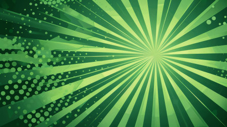 Comic-style green backdrop with rays and dots, bold and energetic design.の素材
