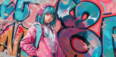 Cute blue-haired anime girl, pink jacket, colorful graffiti wall, vibrant manga illustration.の素材