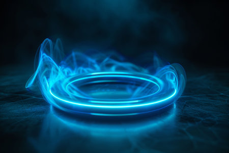 3D blue ring frame, glowing abstract on black, flare light glow, modern design style.の素材