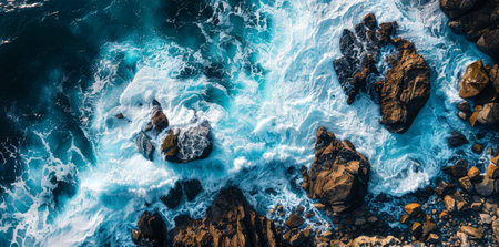 Rugged coast aerial, waves on rocks, blue water with foam, powerful nature design.の素材