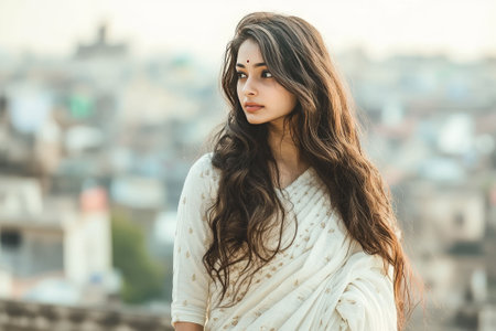 Elegant Indian woman with wavy hair in white saree, cityscape backdrop blurred, calm design.の素材